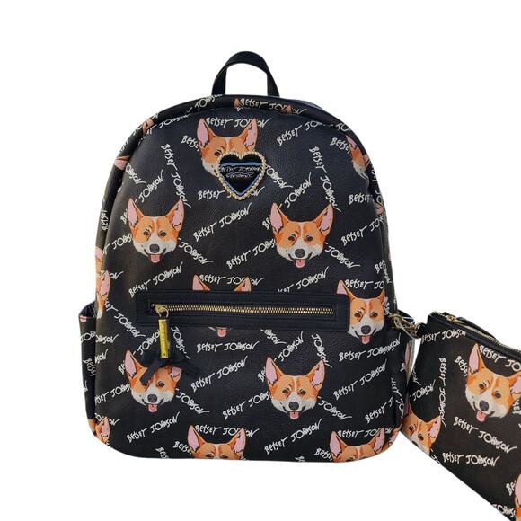 Betsey Johnson Corgi Dog Print Faux Leather Large Backpack Pouch Set - Picture 3 of 10